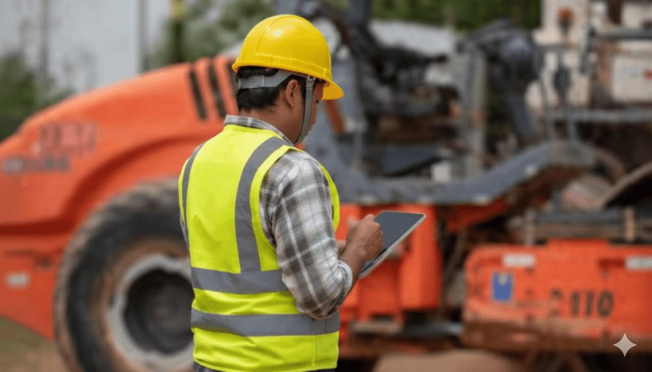 Trabajador con casco y chaleco de seguridad inspeccionando maquinaria pesada en una obra.
